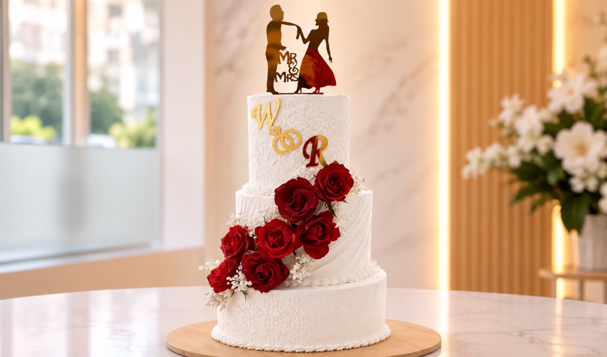 Gâteau de mariage blanc à étages, cascade de roses rouges