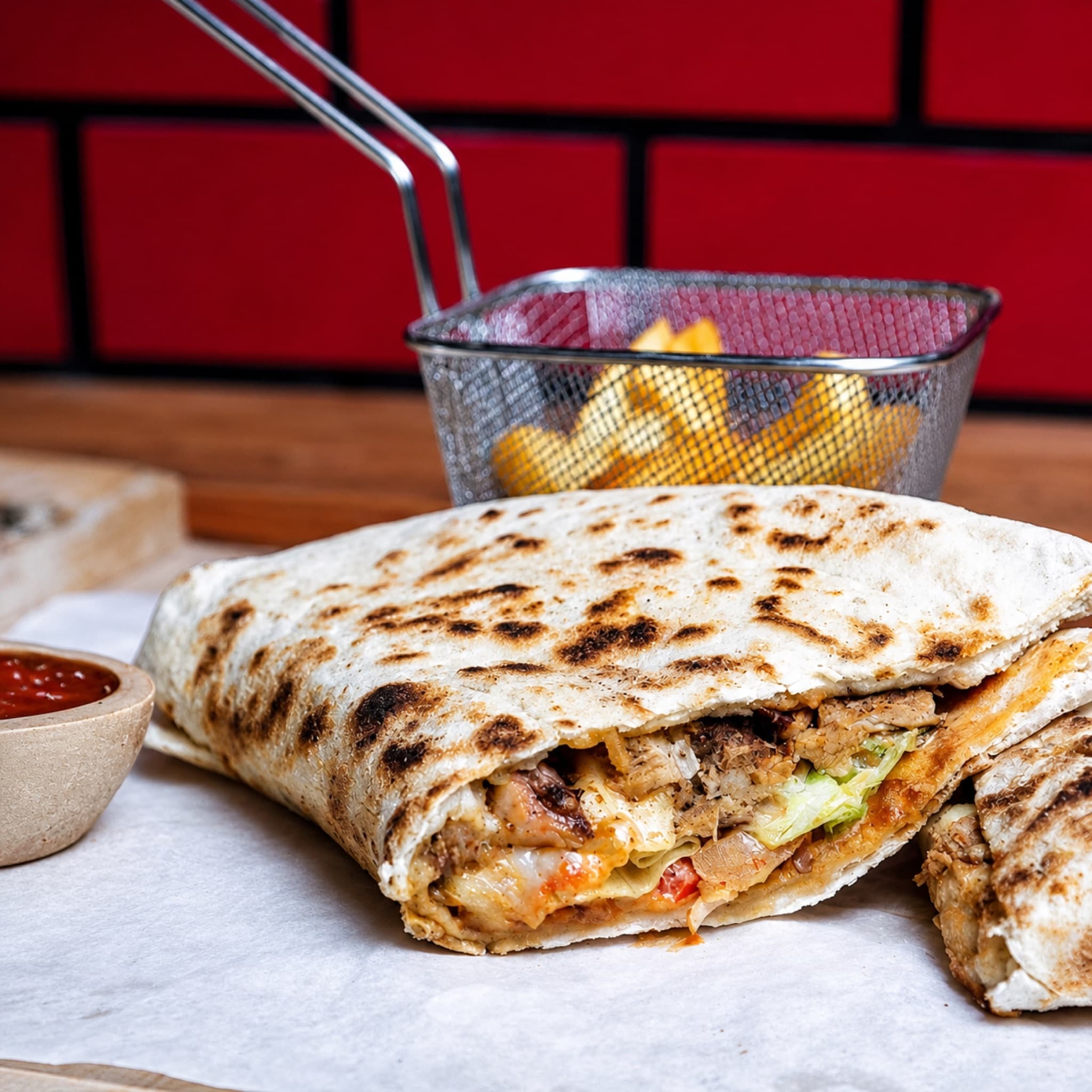 Makloub grillé et coupé, servi avec des frites et de la sauce